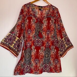 Boho Peasant Dress Red Blue Multi Color Paisley Print Tassel Tie Bell Sleeves Sm